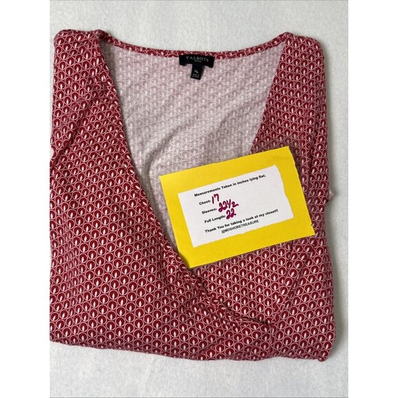 Talbots Medium ￼ Petite Top Red White Cross over Bust 3/4 Sleeve Stretch - Picture 7 of 7